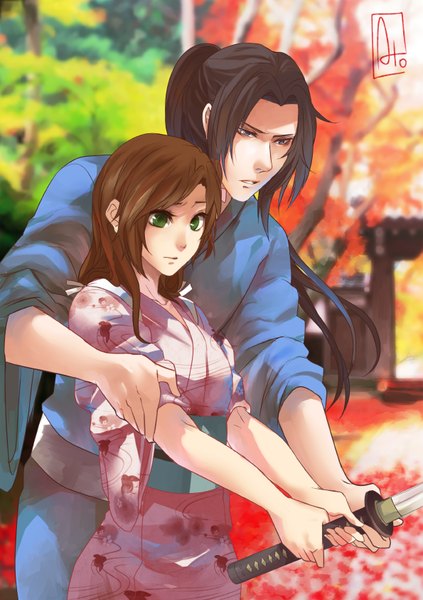 Anime picture 595x842 with ahoguu long hair tall image blue eyes black hair brown hair green eyes traditional clothes japanese clothes girl boy weapon sword kimono katana
