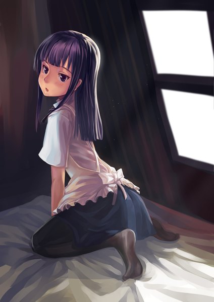 Anime picture 2480x3507 with working!! a-1 pictures yamada aoi xiamianliele (artist) single long hair tall image blush highres open mouth purple eyes purple hair full body no shoes girl skirt miniskirt shirt window apron