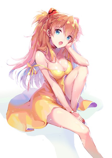 Anime picture 583x819 with neon genesis evangelion gainax soryu asuka langley m2 (guvn5745) single long hair tall image fringe breasts open mouth blue eyes light erotic simple background hair between eyes large breasts white background sitting orange hair strap slip head rest