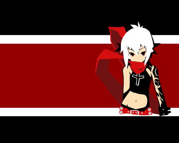 Anime picture 1280x1024 with bakuretsu tenshi jo (bakuretsu tenshi) single looking at viewer simple background red eyes upper body white hair bare belly polychromatic girl scarf cross