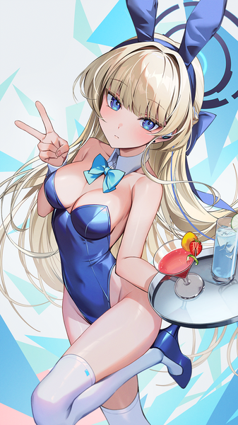 Anime picture 1080x1920 with blue archive toki (blue archive) toki (bunny) (blue archive) kainown single long hair tall image looking at viewer fringe breasts blue eyes light erotic simple background blonde hair standing bare shoulders animal ears bent knee (knees) blunt bangs high heels