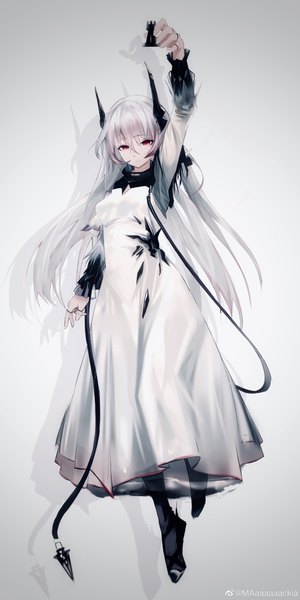 Anime picture 2000x3999 with arknights theresa (arknights) mackia single long hair tall image fringe highres simple background hair between eyes red eyes signed silver hair full body arm up grey background shadow expressionless oripathy lesion (arknights) girl