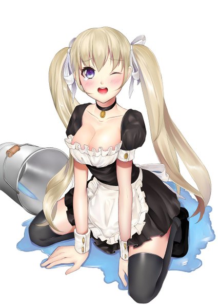 Anime picture 869x1228 with original hal (pixiv3099575) single long hair tall image blush breasts open mouth light erotic simple background blonde hair white background purple eyes one eye closed wink maid kneeling girl thighhighs uniform