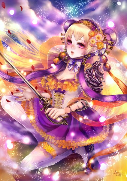 Anime picture 1748x2480 with original haruci single tall image highres blonde hair cloud (clouds) very long hair pink eyes multicolored hair hair flower girl thighhighs dress hair ornament flower (flowers) weapon petals white thighhighs sword