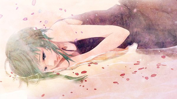 Anime picture 1440x810 with vocaloid gumi tagme (artist) single looking at viewer short hair smile wide image bare shoulders lying green hair tears crying girl dress petals water black dress