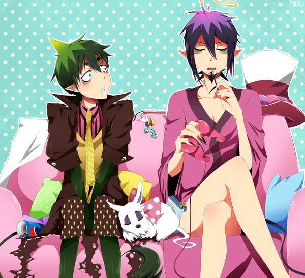 Anime picture 2000x1824 with ao no exorcist a-1 pictures pepsi mephisto pheles amaimon darieari fringe highres short hair open mouth sitting green eyes purple hair tail eyes closed nail polish fingernails green hair pointy ears crossed legs