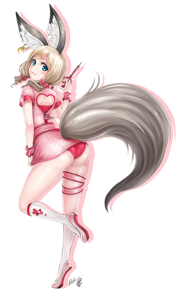 Anime picture 594x982 with blade & soul lyn (blade & soul) mappung-gun (mhg0106) single tall image blush blue eyes light erotic simple background blonde hair white background animal ears ass tail animal tail looking back from behind nurse girl uniform