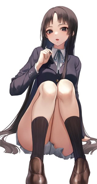 Anime picture 2000x3779 with k-on! kyoto animation akiyama mio ame 816 single long hair tall image looking at viewer fringe highres open mouth light erotic black hair simple background white background sitting full body bent knee (knees) blunt bangs long sleeves