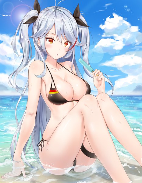 Anime-Bild 3000x3855 mit azur lane prinz eugen (azur lane) prinz eugen (unfading smile) (azur lane) kitin single long hair tall image looking at viewer blush fringe highres breasts open mouth light erotic hair between eyes large breasts sitting bare shoulders holding payot