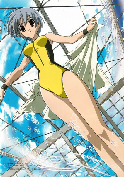 Anime picture 1235x1750 with happy lesson gokajo satsuki single tall image short hair sky cloud (clouds) grey hair black eyes scan girl swimsuit shirt bubble (bubbles) wristlet