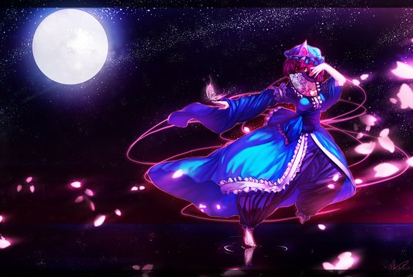 Anime picture 1447x972 with touhou saigyouji yuyuko urami (artist) single short hair signed pink hair japanese clothes pink eyes barefoot night night sky reflection girl petals water belt insect butterfly moon