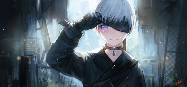 Anime picture 1500x704 with nier nier:automata yorha no. 9 type s danhu single looking at viewer short hair blue eyes wide image upper body white hair tears blindfold boy gloves choker black gloves