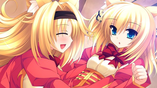 Anime picture 1280x720 with endless dungeon uluru aki kajuta uluru kajuta kinta (distortion) kannon ouji long hair blush short hair open mouth blue eyes blonde hair wide image multiple girls animal ears game cg eyes closed cat ears girl dress 2 girls