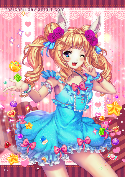 Anime picture 1061x1500 with original riiya (mabong1989) single long hair tall image looking at viewer blush fringe open mouth blue eyes blonde hair smile standing twintails signed animal ears payot one eye closed hair flower wink