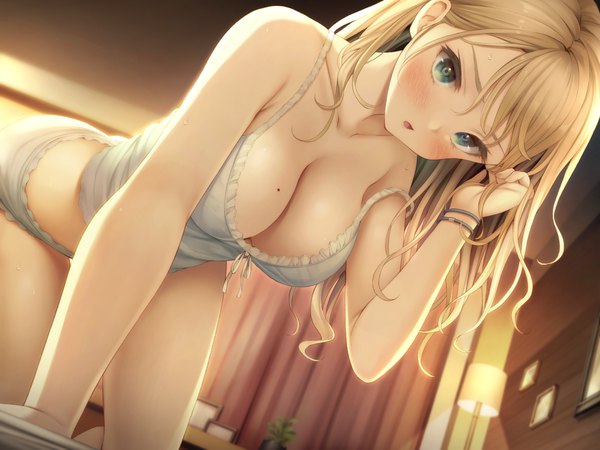 Anime-Bild 2240x1680 mit original namaru (summer dandy) single long hair looking at viewer blush fringe highres breasts open mouth blue eyes light erotic blonde hair large breasts bare shoulders cleavage indoors mole from below sweat