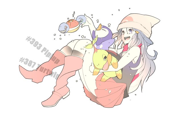 Anime picture 1200x848 with pokemon nintendo dawn (pokemon) piplup squirtle turtwig sora tokumo long hair open mouth simple background white background purple eyes blue hair looking away pleated skirt character names gen 1 pokemon gen 4 pokemon pokemon number girl