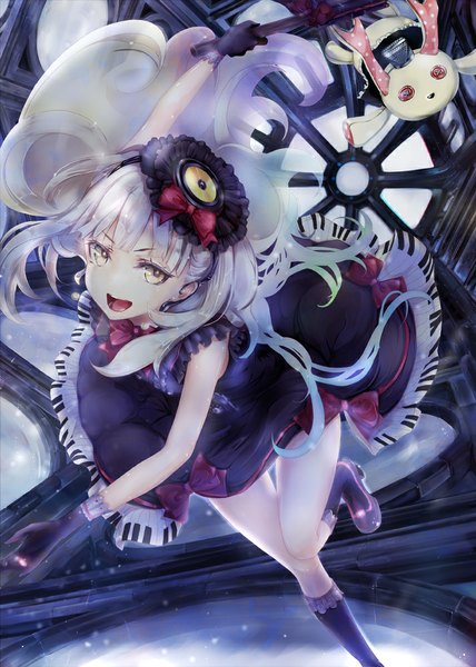 Anime picture 713x1000 with vocaloid mayu (vocaloid) usano mimi keepout single long hair tall image looking at viewer open mouth smile yellow eyes white hair lolita fashion goth-loli running girl dress gloves hair ornament shoes
