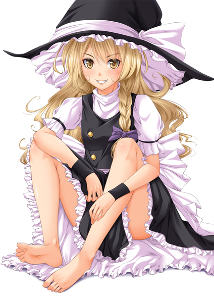 Anime picture 744x1052 with touhou kirisame marisa chiro (pixiv) single long hair tall image looking at viewer open mouth simple background blonde hair smile white background sitting brown eyes braid (braids) barefoot bare legs girl dress skirt