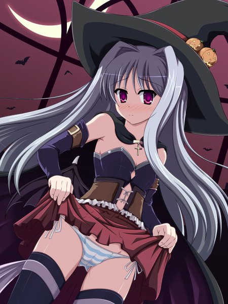 Anime picture 1200x1600 with cube x cursed x curious silver link fear kubrick shira-nyoro single long hair tall image blush light erotic red eyes grey hair pantyshot dress lift girl detached sleeves witch hat