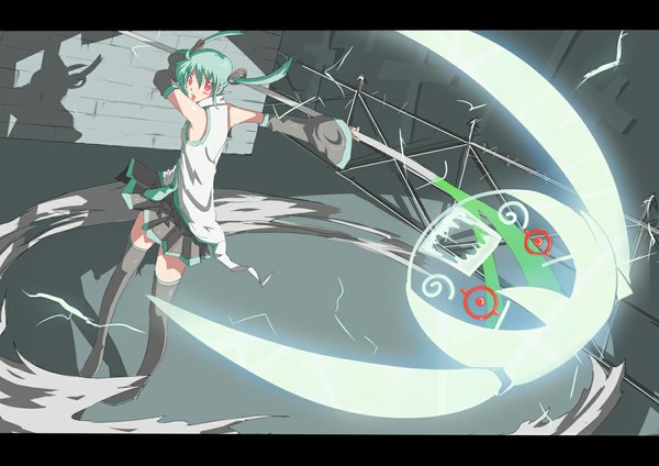 Anime picture 1181x835 with soul eater vocaloid studio bones hatsune miku maka albarn hachune miku kosa k single short hair red eyes twintails full body pleated skirt aqua hair short twintails letterboxed cosplay maka albarn (cosplay) girl thighhighs