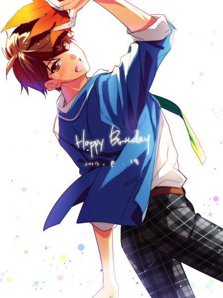 Anime picture 1200x1600 with ensemble stars! morisawa chiaki ryuaa single tall image looking at viewer blush fringe short hair open mouth simple background hair between eyes red eyes brown hair white background dated happy birthday boy uniform school uniform