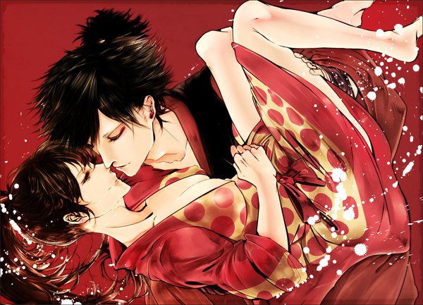 Anime picture 2232x1612 with tozama zeiru long hair highres black hair brown hair cleavage ponytail eyes closed traditional clothes japanese clothes barefoot light smile red background eyeshadow face to face polka dot almost kiss carrying princess carry girl