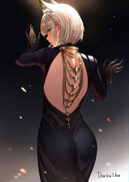 Anime picture 2480x3508 with arknights ambience synesthesia kal'tsit (arknights) dankashu single tall image looking at viewer fringe highres short hair light erotic simple background standing green eyes signed animal ears white hair profile looking back from behind