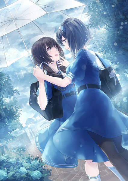 Anime picture 637x900 with original kyara36 long hair tall image blush fringe short hair open mouth blue eyes black hair hair between eyes standing twintails holding looking away cloud (clouds) outdoors puffy sleeves low twintails holding hands
