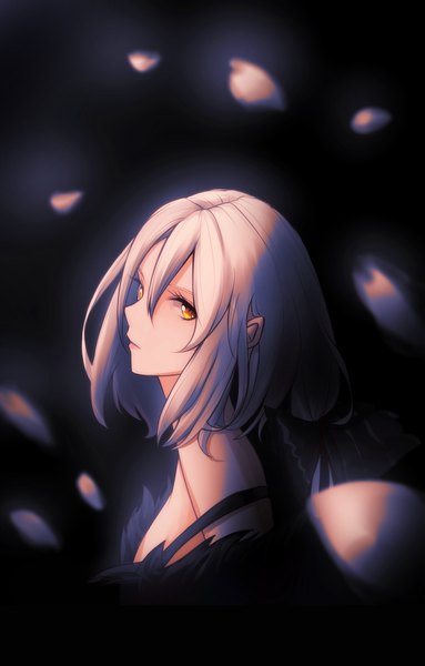 Anime picture 1347x2108 with girls frontline steyr aug (girls frontline) asil single long hair tall image looking at viewer fringe simple background hair between eyes silver hair upper body pointy ears blurry orange eyes black background low ponytail expressionless girl ribbon (ribbons)