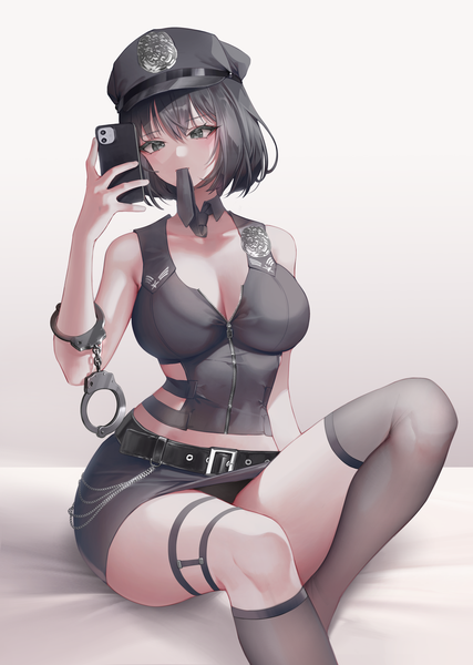 Anime picture 3528x4952 with original chomong single tall image fringe highres short hair breasts light erotic black hair simple background hair between eyes large breasts white background bare shoulders holding absurdres cleavage bent knee (knees) grey eyes