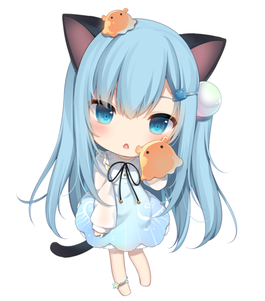 Anime picture 900x1022 with original nekoha shizuku nachi single long hair tall image looking at viewer blush fringe open mouth blue eyes simple background hair between eyes white background animal ears payot blue hair full body tail head tilt