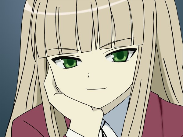Anime picture 1600x1200 with mahou sensei negima! evangeline a k mcdowell single long hair looking at viewer fringe simple background blonde hair green eyes blunt bangs light smile grey background portrait close-up vector chin rest girl uniform school uniform