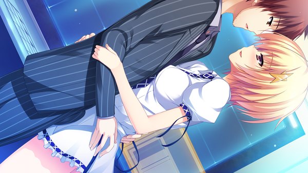 Anime picture 2560x1440 with reminiscence nozomi (reminiscence) tomose shunsaku highres short hair blonde hair brown hair wide image brown eyes game cg couple hug girl dress boy