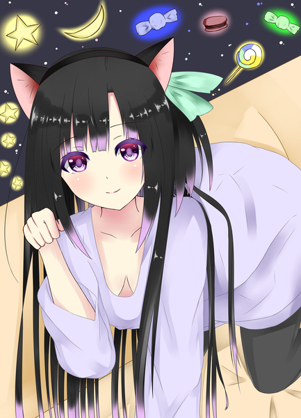 Anime picture 1000x1384 with original hiiragi natume single long hair tall image looking at viewer blush black hair smile purple eyes animal ears cat ears girl bow hair bow food sweets