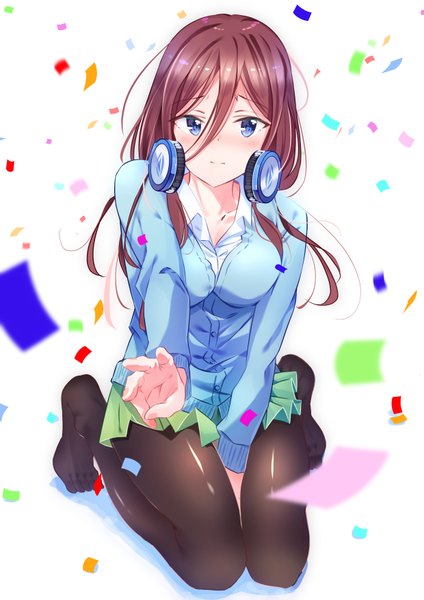 Anime picture 2480x3508 with go-toubun no hanayome nakano miku yro single long hair tall image looking at viewer blush fringe highres breasts blue eyes simple background hair between eyes brown hair large breasts white background full body no shoes kneeling