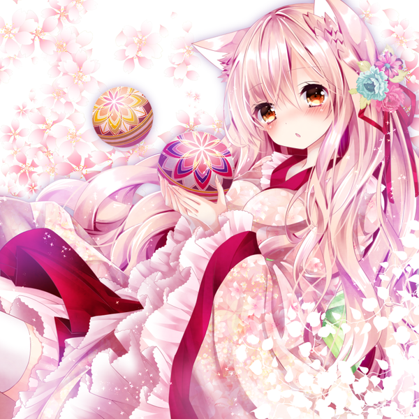 Anime picture 800x800 with original nanase kureha nanase nao single long hair looking at viewer blush fringe breasts open mouth hair between eyes large breasts holding brown eyes animal ears pink hair traditional clothes japanese clothes hair flower cat ears