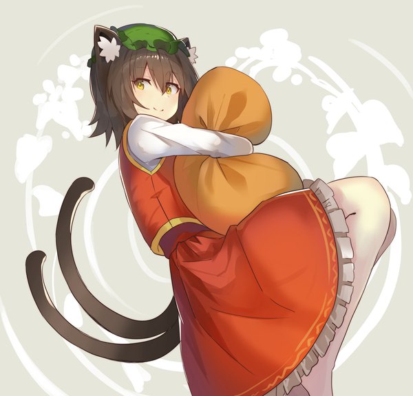 Anime picture 1575x1511 with touhou chen rin falcon single looking at viewer fringe short hair simple background smile hair between eyes brown hair animal ears yellow eyes tail long sleeves animal tail cat ears grey background cat girl cat tail