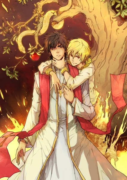 Anime picture 1000x1414 with fate (series) fate/zero type-moon gilgamesh (fate) kotomine kirei linjie tall image looking at viewer short hair blonde hair smile red eyes brown hair traditional clothes one eye closed wink multiple boys hug boy plant (plants)