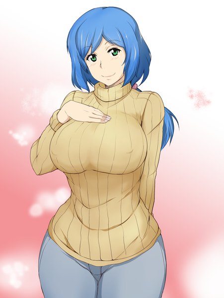Anime picture 963x1280 with mobile suit gundam gundam build fighters sunrise (studio) iori rinko makiikazuya single long hair tall image looking at viewer blush breasts light erotic smile green eyes blue hair ponytail light smile erect nipples huge breasts hand on chest