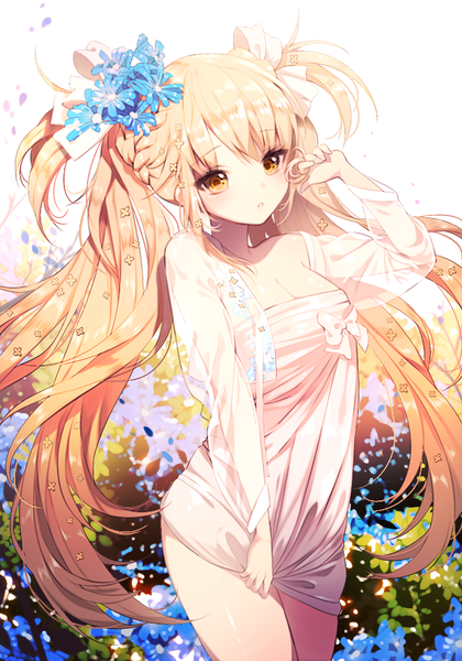 Anime picture 700x1000 with original sorolp single long hair tall image looking at viewer blush blonde hair twintails yellow eyes hair flower girl dress hair ornament flower (flowers) white dress short dress