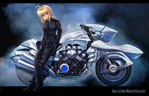 Anime picture 1200x772 with fate (series) fate/stay night fate/zero studio deen type-moon artoria pendragon (all) saber boyaking(sbf) single long hair blonde hair green eyes ponytail inscription hands in pockets girl necktie suit motorcycle