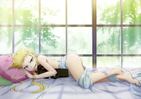 Anime picture 5828x4092 with stella jogakuin koutouka c3-bu nyantype hatsuse karila single long hair looking at viewer highres light erotic blonde hair smile bare shoulders absurdres barefoot nude sunlight legs on stomach :p silver eyes girl