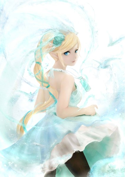 Anime picture 2480x3507 with original zhang xiao bo single long hair tall image highres blue eyes blonde hair white background bare shoulders ponytail hair flower zodiac aquarius (zodiac) girl dress hair ornament flower (flowers) ribbon (ribbons) hair ribbon