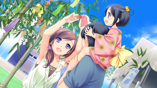 Anime picture 1280x720 with astraythem ginta blush short hair open mouth blue eyes black hair brown hair wide image purple eyes multiple girls game cg traditional clothes japanese clothes tanabata girl boy 2 girls yukata child (children)