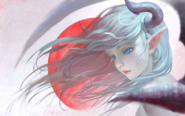 Anime picture 3000x1875 with original shuhai yimitong single long hair highres bare shoulders horn (horns) aqua eyes lips pointy ears blurry realistic aqua hair tears sideboob floating hair looking down demon girl demon wings girl