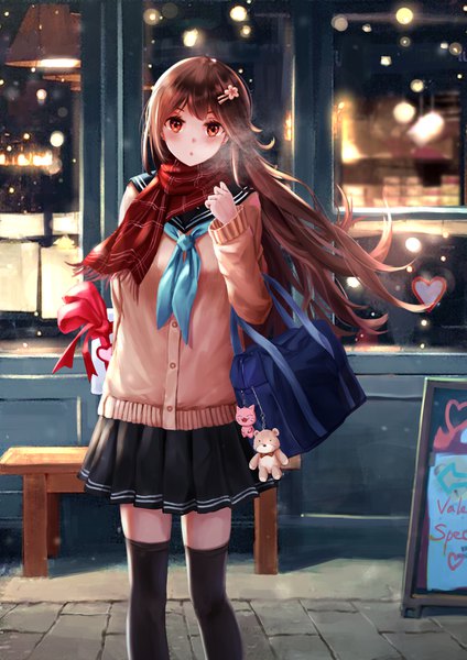 Anime picture 1191x1684 with original yuzuriha (artist) single long hair tall image looking at viewer blush fringe breasts open mouth red eyes brown hair outdoors long sleeves pleated skirt wind inscription night :o sparkle