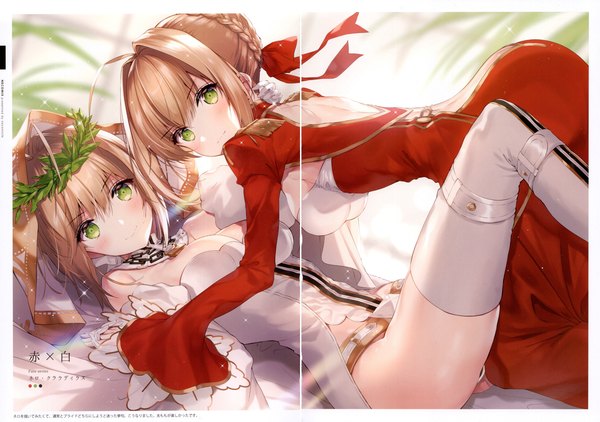 Anime picture 6488x4558 with fate (series) fate/extra fate/extra ccc nero claudius (fate) nero claudius (fate/extra) nero claudius (bride) (fate) necomi (gussan) looking at viewer blush highres short hair breasts light erotic blonde hair smile large breasts bare shoulders multiple girls green eyes signed