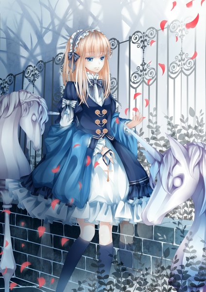 Anime picture 2480x3507 with stari single long hair tall image highres blue eyes blonde hair absurdres girl dress plant (plants) petals headdress cross