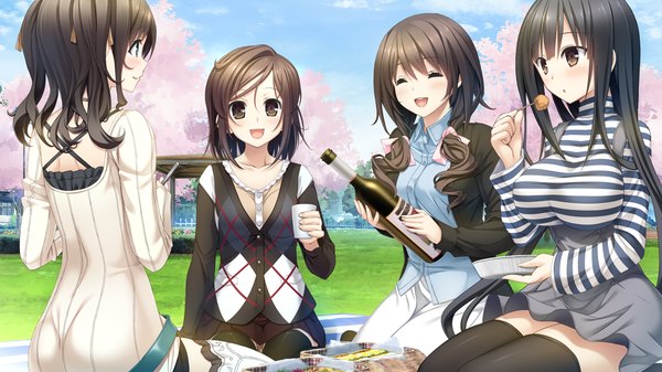 Anime picture 1280x720 with kiss ato hoshimi tsukuyo aikawa arisa natsume azusa takanashi madoka mikoto akemi long hair blush short hair open mouth black hair wide image sitting multiple girls brown eyes game cg eyes closed eating girl thighhighs