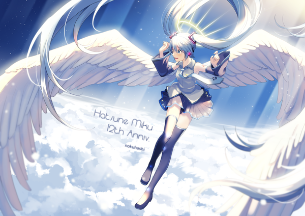 Anime picture 2000x1414 with vocaloid hatsune miku nokuhashi single highres twintails looking away sky cloud (clouds) full body very long hair pleated skirt aqua eyes sunlight aqua hair character names flying angel wings anniversary girl